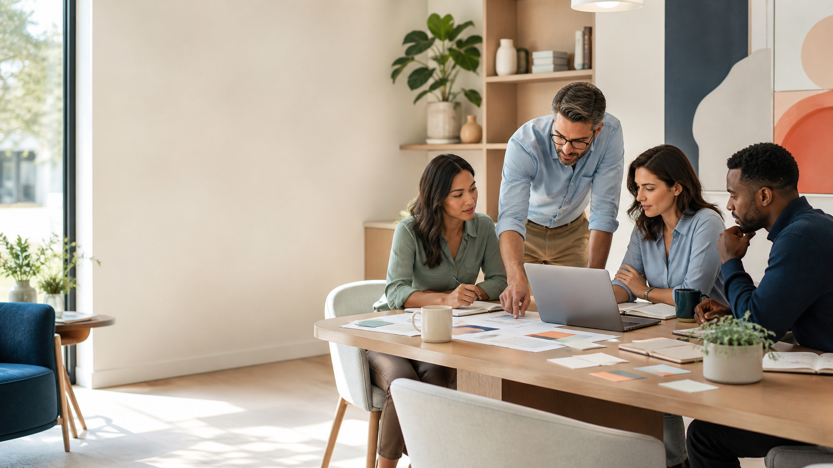 Consulting team reviewing plans in a bright workspace